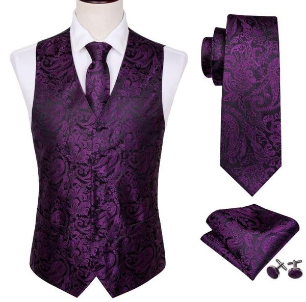 Men039s Gilet 4PC Gilet di seta da uomo Party Wedding Viola Paisley Gilet floreale solido Tasca quadrata Cravatta Abito sottile Set BarryWang8760441