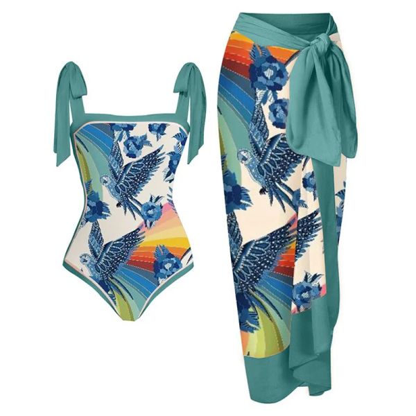 Set 2023 costumi da bagno da donna nuovi stampati con copertura conservativa carne sottile protezione solare gonna da spiaggia stringata moda intero