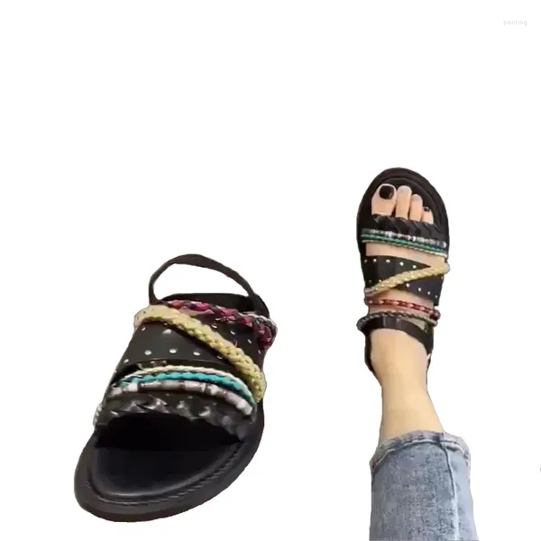 Sandálias Europa Étnica Sapatos Femininos Couro Artesanal Cor Corda Estilo Verão Flat Roman European Goods