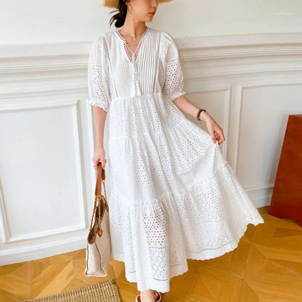 Party Kleider Boho Vestidos Vintage V-ausschnitt Puff Sleeve Lange Sommer 2024 Baumwolle Stickerei Aushöhlen Spitze Kleid Frauen Tunika