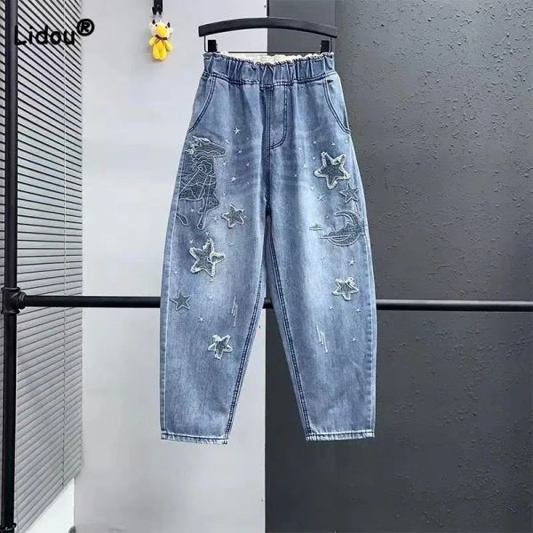 Jeans coreano vintage estrelas remendo projetos jeans femininos 2023 verão roupas femininas moda fina bordado emendado casual calças capri