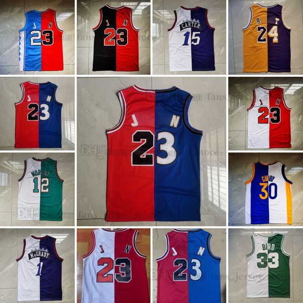 Dikişli Renk Bloğu Basketbol Formaları 30 Stephen 12 JA Curry Morant 15 Vince 1 Tracy 33 Kuş Carter McGrady Jersey Erkekler Yeşil Siyah Beyaz Erkekler Retro Jersey