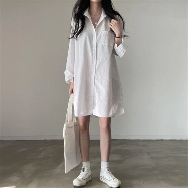 Vestido primavera outono novo sexy bolso branco oversize bf camisa mini vestido para mulheres casual manga longa solta simples blusa de rua vestidos