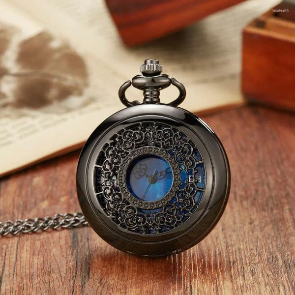 Карманные часы со звездным синим циферблатом, римские цифры, кулон, бронзовый полый корпус, винтажное ожерелье в стиле стимпанк, подвесные подарки