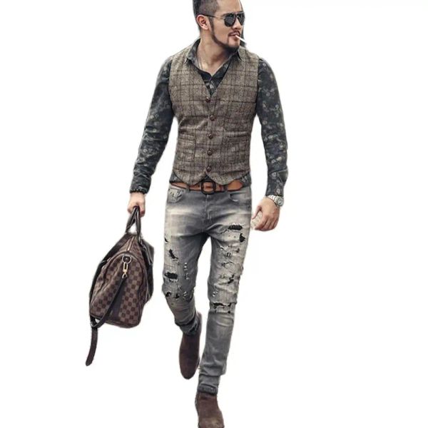 Gilet Gilet da uomo Gilet nero Gilet uomo scozzese Steampunk Giacca a righe in tweed con scollo a V Gilet slim fit Abbigliamento da sposa Gilet maschile