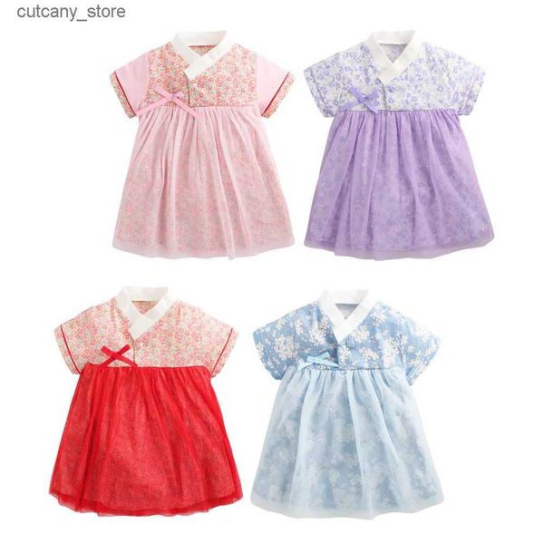 Macacões Primavera Verão Meninas Romper Menina Bebê Bodysuit Creeper Vestido Gaze Vestido Coreano Roupas Tradicionais Características Roupas Macacão L240307