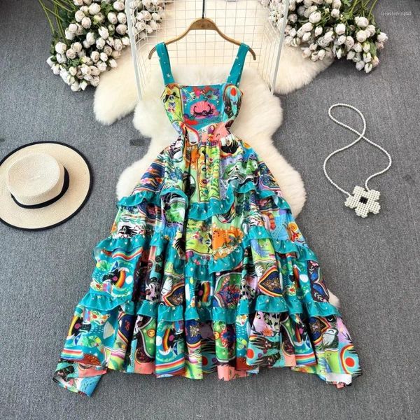 Abiti casual 2024 Summer Runway Fashion Holiday Ruffles Cake Dress Cinghia per spaghetti da donna sexy Stampa cartoon Vita alta Abiti midi