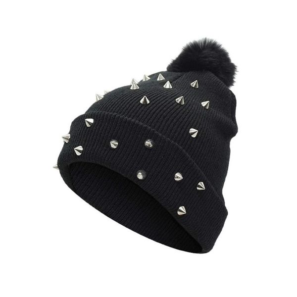 Beanie Skull Caps Donna Punk Rivetto Cappello invernale Nero Big Pom Moda lana lavorata a maglia spessa calda da donna3116