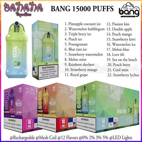 Bang 15000 Puffs Vape Descartável Pen Bar Bobina de Malha Recarregável E Cigarros Puff 15K Bangvapes 0% 2% 3% 5% Vaper 22 Sabores vs Bang King 12000 12K