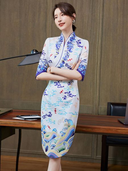 Kleid Professionelles bedrucktes Kleid für Damen im Sommer, Haihang, Flugbegleiter, Hotelrezeption, medizinische Schönheit, Arbeitskleidung im chinesischen Stil