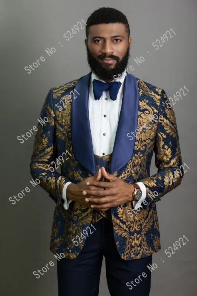 Abiti da uomo Abiti modello oro e blu navy smoking dello sposo scialle in raso bavero testimoni dello sposo matrimonio testimone (giacca + pantaloni + gilet + cravatta) C699