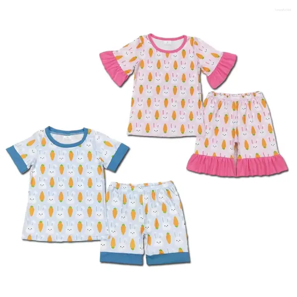 Set di abbigliamento Bsso0357 Carota Coniglio Blu Pantaloncini a maniche corte Completo per neonato Abbigliamento Madre Bambina per bambini Bambino