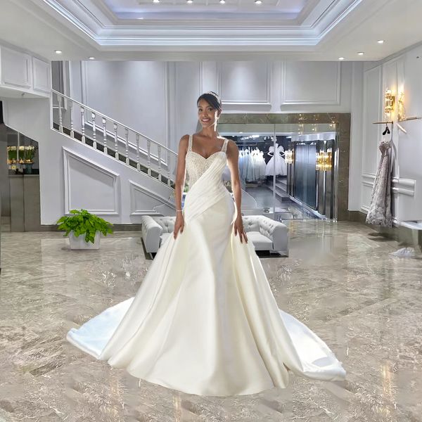 Elegante vestidos de casamento de cetim spaghtti starp frisado plissados sereia vestido de noiva com zíper volta trem destacável vestido de novia 326 326