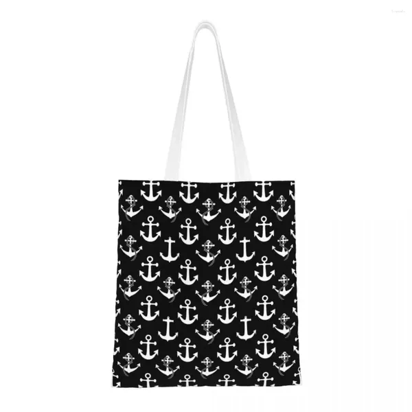 Sacos de compras bonito impressão preto e branco náutico âncora padrão sacola reutilizável lona shopper ombro vela marinheiro bolsa