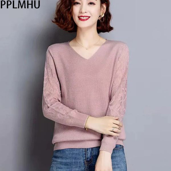 Pullover Maglione lavorato a maglia con maniche in pizzo Top Primavera Casual Scava fuori Tirare corto Femme Maglieria moda coreana Swetry Pullover in misto lana Novità