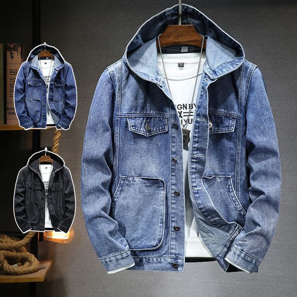 Мужская джинсовая куртка с капюшоном, повседневная приталенная куртка на пуговицах, мужская куртка из стираного хлопка, мужская куртка Veste En Jean Hommes 4XL 210522