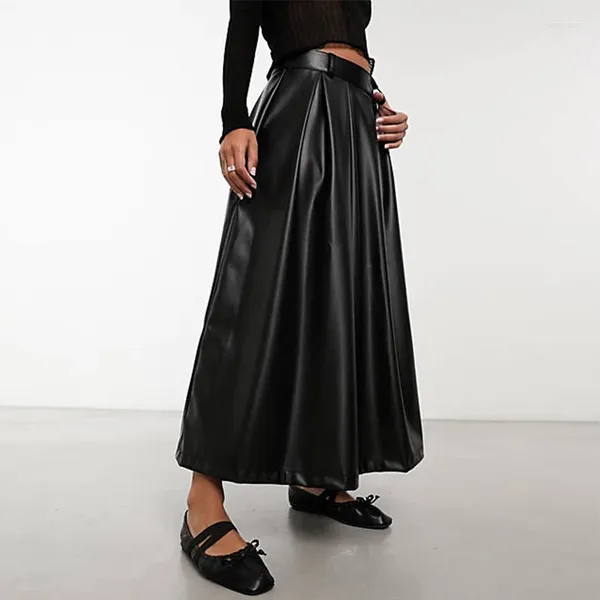 Röcke Damen Falschleder Gefalteter Langer Rock PU Matt Mittlere Taille Elegant Midi Mode Lose Lässig Große Schaukel 2024