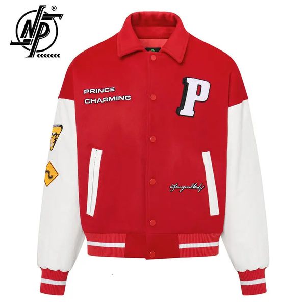 Jaqueta varsity masculina carta padrão couro pu retalhos jaqueta de beisebol inverno streetwear moda vermelho bombardeiro jaqueta unisex casaco 240222