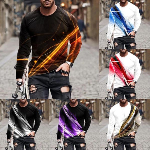 Homens camisetas Outono Mens Manga Longa Casual Impressão 3D T-shirt Pescoço Slim Fit Blusa Muscular Activewear Tops Tee Masculino Quente