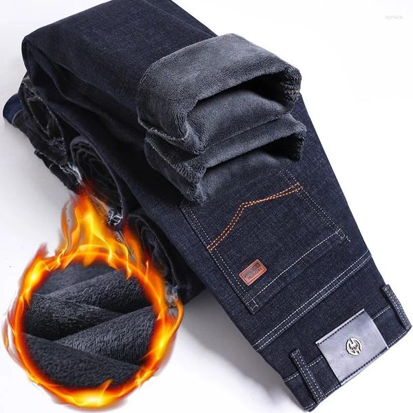 Calças de brim masculinas inverno quente pelúcia zíper vintage senhora engrossar calças jeans elásticas casual confortável lã magro estiramento calças