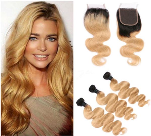 1B27 Honigblond Ombre Virgin Peruanisches Menschenhaar Bundles Angebote mit Spitzenverschluss 4x4 Körperwelle Erdbeerblond Ombre Human H5702748