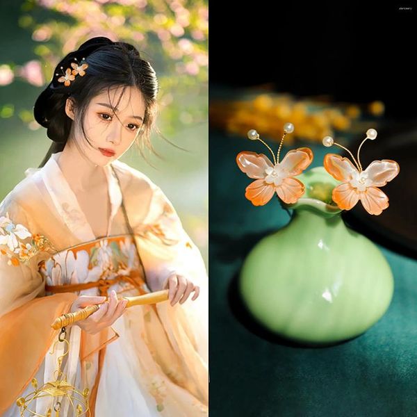 Saç klipsleri kelebek saç tokası Çin hanfu aksesuarları inci u şekilli klips çatal klasik çiçek kızlar headpeice peri takı