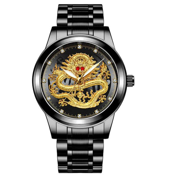 Relógio masculino de dragão dourado em relevo, à prova d'água, não mecânico, diamante, rosto de dragão vermelho, moda de meia idade e idosos