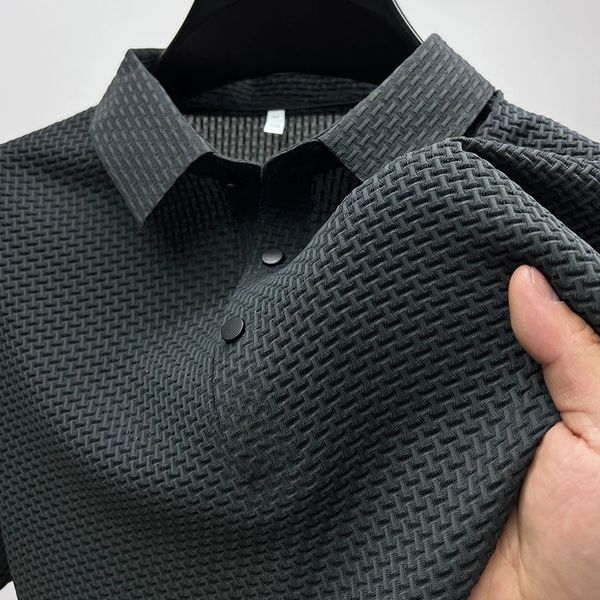 Verão novo dos homens rendas até oco manga curta polo camisa de seda gelo respirável negócios moda camiseta dos homens roupas marca 240307