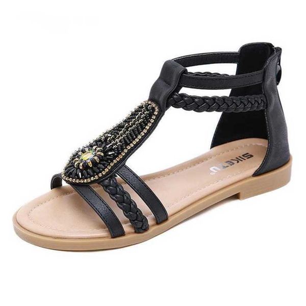 Heiße Sommersandalen Sandalen Frauen böhmische Perlen Reißverschluss Diamant Roman Flat Schuhe Flip Flop Sandles Heels 240228