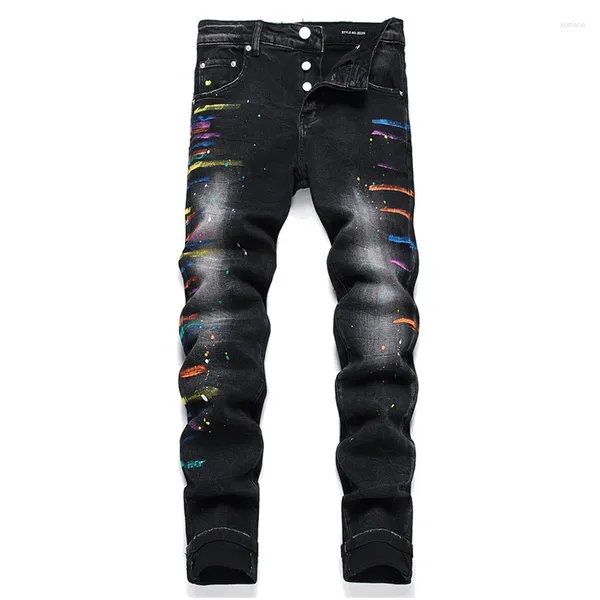 Herrenjeans Mcikkny Men Hip Hop Ripped Pants Bedruckte Streetwear Schwarze Denimhose Slim Fit