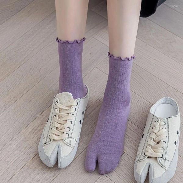 Frauen Socken Atmungsaktive Bequeme Weibliche Rüschen Baumwolle Candy Farbe Strumpfwaren Zwei Zehen Mittelrohr Finger