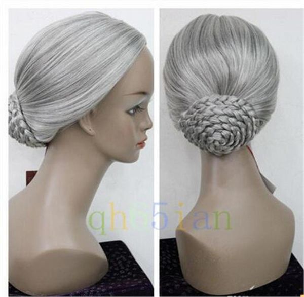 Yeni Retro Gri Örgü Saç Çörek Kadınlar Büyükanne Partisi Cosplay Wigs9288082