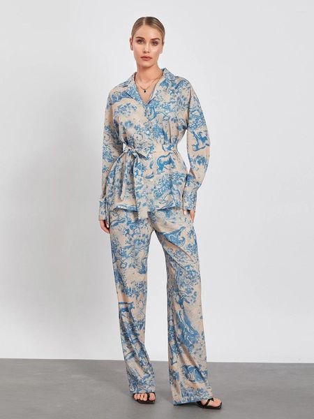 Женская снаряда женская пижама наборы цветочного принца с длинным рукавом с длинным рукавом вниз рубашку и брюки PJS Set Soft 2 Piece Loungewear