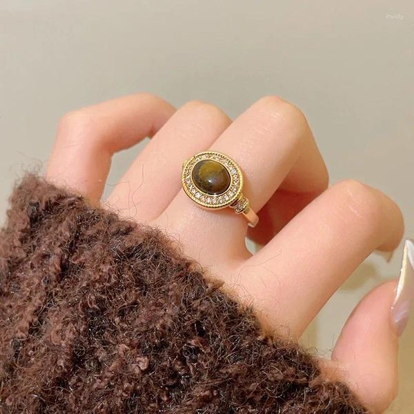 Кольца кластера, модное женское металлическое вечерние винтажное круглое ретро овальное кольцо с камнем тигрового глаза, открытое кольцо Майяра, коричневое, простые ювелирные изделия