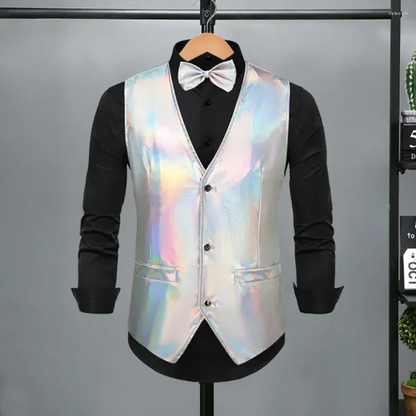 Coletes masculinos homens colete de casamento fantasia cor colete retro disco laço conjunto para festa do noivo brilhante v pescoço