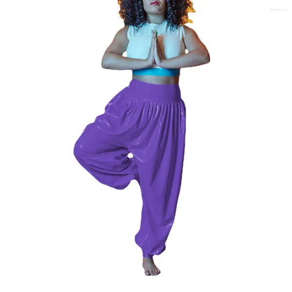 Kadınlar Pantolon Parlak PVC Deri Yüksek Bel Bloomers Islak Görünüyor Esnek Yoga Dans Pantolonları Sissy Fetiş Geniş Bacak Seksi Tayt Kulübü