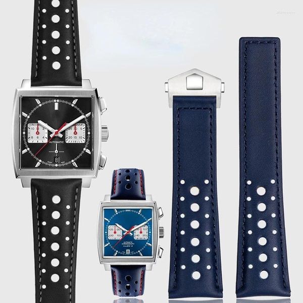 Assista Bandas 22mm Macio Respirável Crocodilo Couro Pulseira Azul para Tag Heuer Strap Monaco Carrera Banda Pulseira Dobrável Fivela