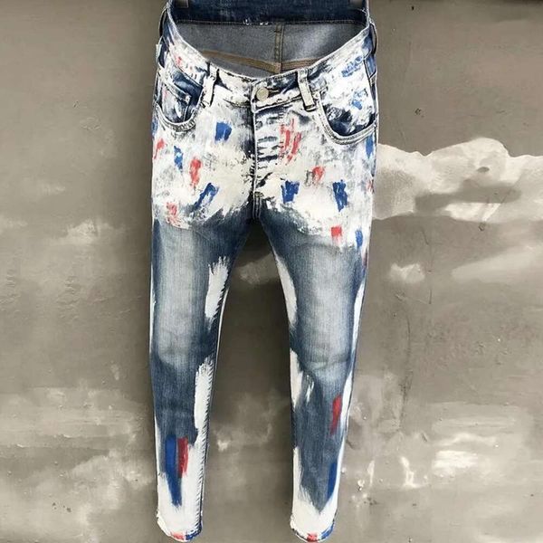 Männer Jeans Frühling Kleine Gerade Elastische Dünne Farbe Männer High Street Jean Gesprenkelte Tinte Denim Hosen Dünne Motorrad Hosen 753 866