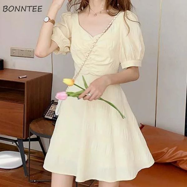 Abito Abito Donna Giallo Dolce Colletto Quadrato Donna Bella Schiena Scava Fuori Vintage Elegante Manica a Sbuffo Aline Due Lunghezza Ragazze Impero