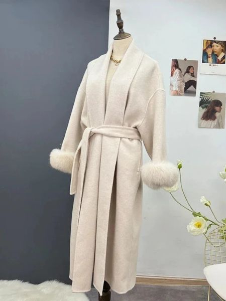 Pelliccia OFTBUY 2023 Giacca lunga da donna invernale Doubleface Misto lana Cappotto di cashmere Polsini Rimovibili Pelliccia di volpe Couverture Colletto Caldo Lusso