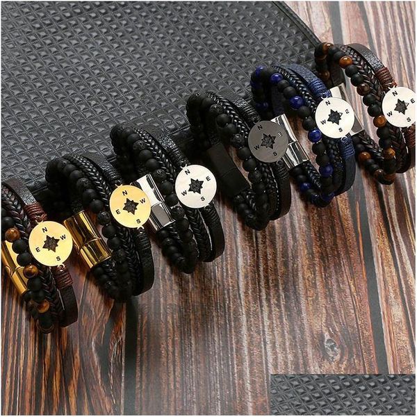 Charme pulseiras de aço inoxidável fecho magnético bússola charme tigre olho frisado pulseira mti camada genuíno trançado pulseiras de couro ba dhah4