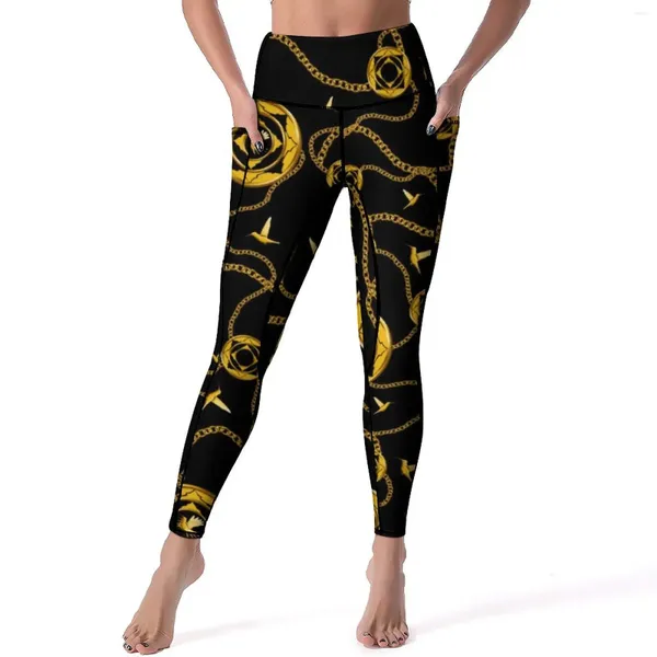 Pantaloni attivi Leggings con stampa a catena di tendenza Design dorato Vita alta Yoga Legging elasticizzato sexy Donna Allenamento sportivo