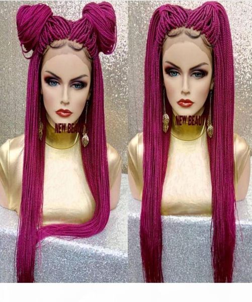 2019 Nuove parrucche intrecciate rosa rosse con capelli del bambino Scatola lunga Trecce Parrucche Glueless Parrucche anteriori in pizzo sintetico per donne nere Resistenza al calore2535011