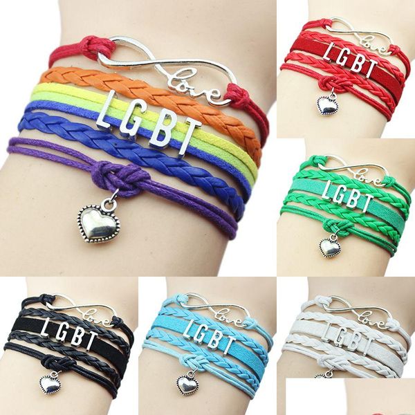 Braccialetti con ciondoli Moda Lgbt Gay Lesbiche Braccialetti avvolgenti in pelle Corda intrecciata Infinity Love Heart Bracciale con ciondolo per donne Uomini Friendshi Dh0Ae