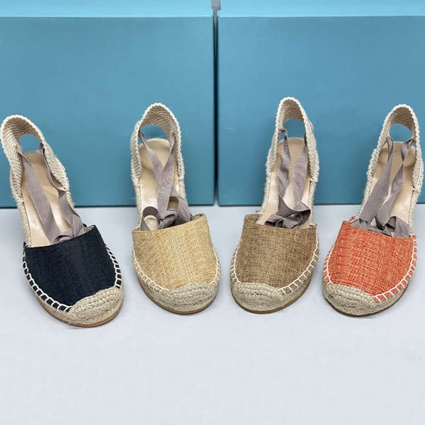 Neue Damen Keilsandalen Designer Espadrilles High Heels Leder Plateau Heels Knöchel Schnürung Sommermode Stroh Freizeitschuhe mit Box 536