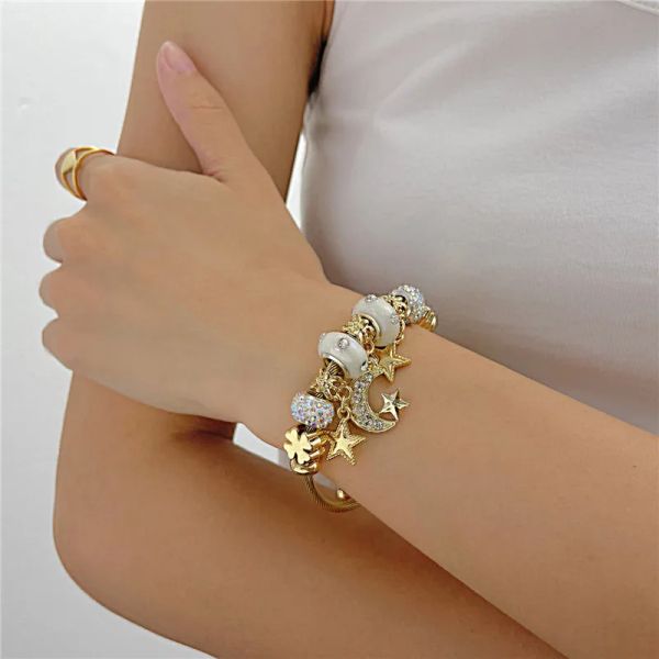 Kette Licht Luxus Micro Set Zirkon Hochwertige Liebe Kleiner Bär Stern Mond Offener Draht Ring 14k Gelbgold Armband Armreif