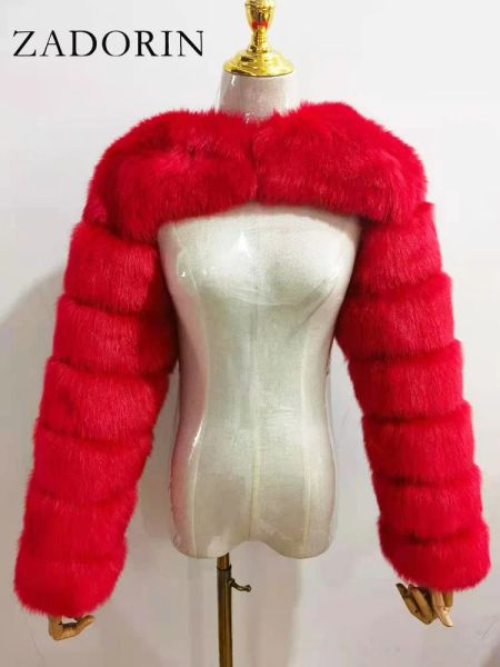 Pelliccia ZADORIN Autunno Inverno Ritagliata Pelliccia di volpe sintetica Cappotto Donna Lusso Procione Manica lunga Pelliccia calda Giubbotti Capispalla femminile Rosa Rosso