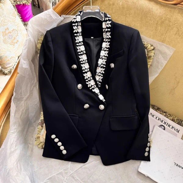 Blazers Miu estilo preto jaqueta de comprimento médio com miçangas cravejadas e diamantes casacos femininos top outono novo estilo