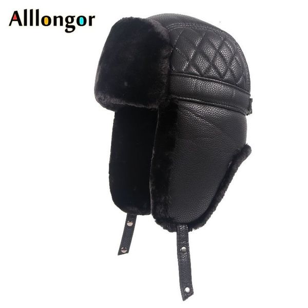 Alta qualidade 2019 inverno couro piloto boné faxu pele russo ushanka chapéus earflap bombardeiro chapéu masculino preto neve chapéus t191022221q