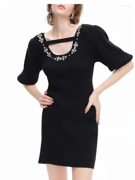 Вечерние платья, женское трикотажное платье с круглым вырезом, украшенное бриллиантами, с пышными рукавами, женский тонкий эластичный черный короткий халат, осень 2024 г.